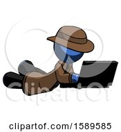 Poster, Art Print Of Blue Detective Man Using Laptop Computer While Lying On Floor Side Angled View
