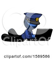 Poster, Art Print Of Blue Police Man Using Laptop Computer While Lying On Floor Side Angled View