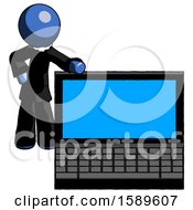 Poster, Art Print Of Blue Clergy Man Beside Large Laptop Computer Leaning Against It