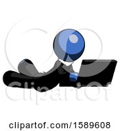Poster, Art Print Of Blue Clergy Man Using Laptop Computer While Lying On Floor Side Angled View