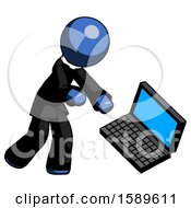 Blue Clergy Man Throwing Laptop Computer In Frustration