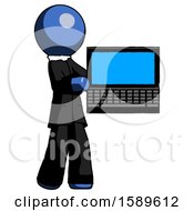 Poster, Art Print Of Blue Clergy Man Holding Laptop Computer Presenting Something On Screen