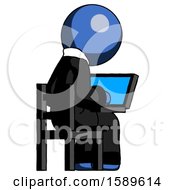 Poster, Art Print Of Blue Clergy Man Using Laptop Computer While Sitting In Chair View From Back
