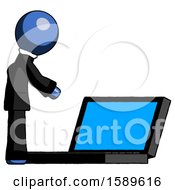 Poster, Art Print Of Blue Clergy Man Using Large Laptop Computer Side Orthographic View