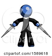 Blue Clergy Man Two Sword Defense Pose