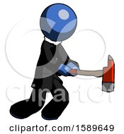 Blue Clergy Man With Ax Hitting Striking Or Chopping