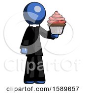 Blue Clergy Man Presenting Pink Cupcake To Viewer