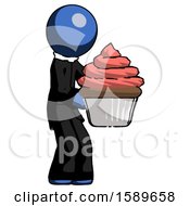 Poster, Art Print Of Blue Clergy Man Holding Large Cupcake Ready To Eat Or Serve
