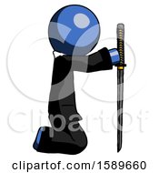 Poster, Art Print Of Blue Clergy Man Kneeling With Ninja Sword Katana Showing Respect