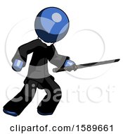 Poster, Art Print Of Blue Clergy Man Stabbing With Ninja Sword Katana