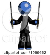 Blue Clergy Man Posing With Two Ninja Sword Katanas Up