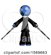 Poster, Art Print Of Blue Clergy Man Posing With Two Ninja Sword Katanas