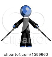Blue Clergy Man Posing With Two Ninja Sword Katanas