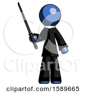 Blue Clergy Man Standing Up With Ninja Sword Katana