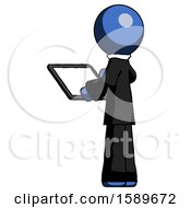 Poster, Art Print Of Blue Clergy Man Looking At Tablet Device Computer With Back To Viewer