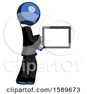 Poster, Art Print Of Blue Clergy Man Show Tablet Device Computer To Viewer Blank Area