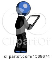 Poster, Art Print Of Blue Clergy Man Looking At Tablet Device Computer Facing Away