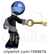 Blue Clergy Man With Big Key Of Gold Opening Something
