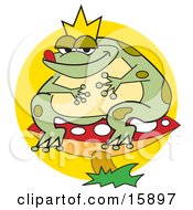 Fat Frog Prince Wearing A Crown And Sitting On A Red Mushroom With White Spots