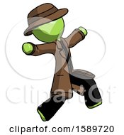 Poster, Art Print Of Green Detective Man Running Away In Hysterical Panic Direction Right