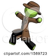 Poster, Art Print Of Green Detective Man Running Away In Hysterical Panic Direction Left