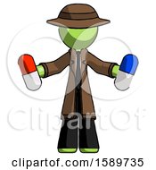 Green Detective Man Holding A Red Pill And Blue Pill