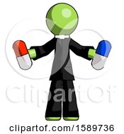 Green Clergy Man Holding A Red Pill And Blue Pill