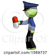 Poster, Art Print Of Green Police Man Holding Red Pill Walking To Left