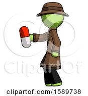 Green Detective Man Holding Red Pill Walking To Left