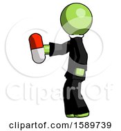 Poster, Art Print Of Green Clergy Man Holding Red Pill Walking To Left