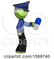 Poster, Art Print Of Green Police Man Holding Blue Pill Walking To Right