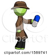 Green Detective Man Holding Blue Pill Walking To Right