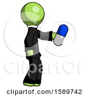 Poster, Art Print Of Green Clergy Man Holding Blue Pill Walking To Right