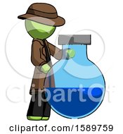 Poster, Art Print Of Green Detective Man Standing Beside Large Round Flask Or Beaker