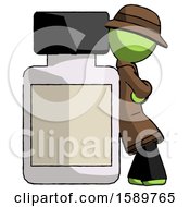 Green Detective Man Leaning Against Large Medicine Bottle