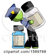 Green Police Man Holding Large White Medicine Bottle With Bottle In Background