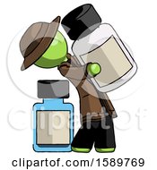 Green Detective Man Holding Large White Medicine Bottle With Bottle In Background