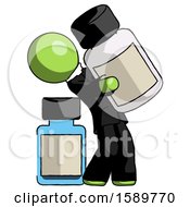 Green Clergy Man Holding Large White Medicine Bottle With Bottle In Background