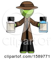 Green Detective Man Holding Two Medicine Bottles