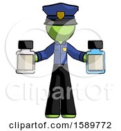 Green Police Man Holding Two Medicine Bottles