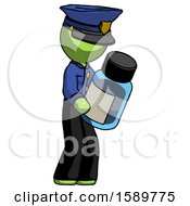 Green Police Man Holding Glass Medicine Bottle