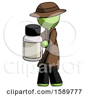 Green Detective Man Holding White Medicine Bottle