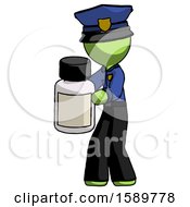 Green Police Man Holding White Medicine Bottle