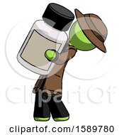 Green Detective Man Holding Large White Medicine Bottle