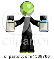 Green Clergy Man Holding Two Medicine Bottles