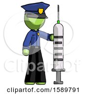 Green Police Man Holding Large Syringe