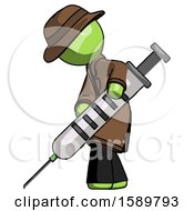 Green Detective Man Using Syringe Giving Injection