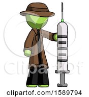 Green Detective Man Holding Large Syringe