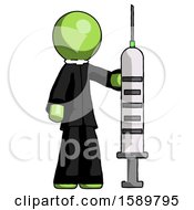 Green Clergy Man Holding Large Syringe