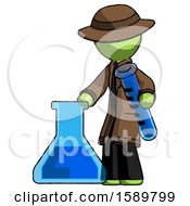 Green Detective Man Holding Test Tube Beside Beaker Or Flask